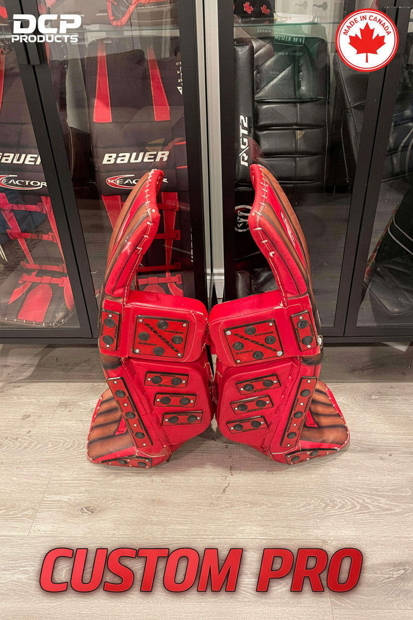 Custom Pro red goalie pads with artistic branding