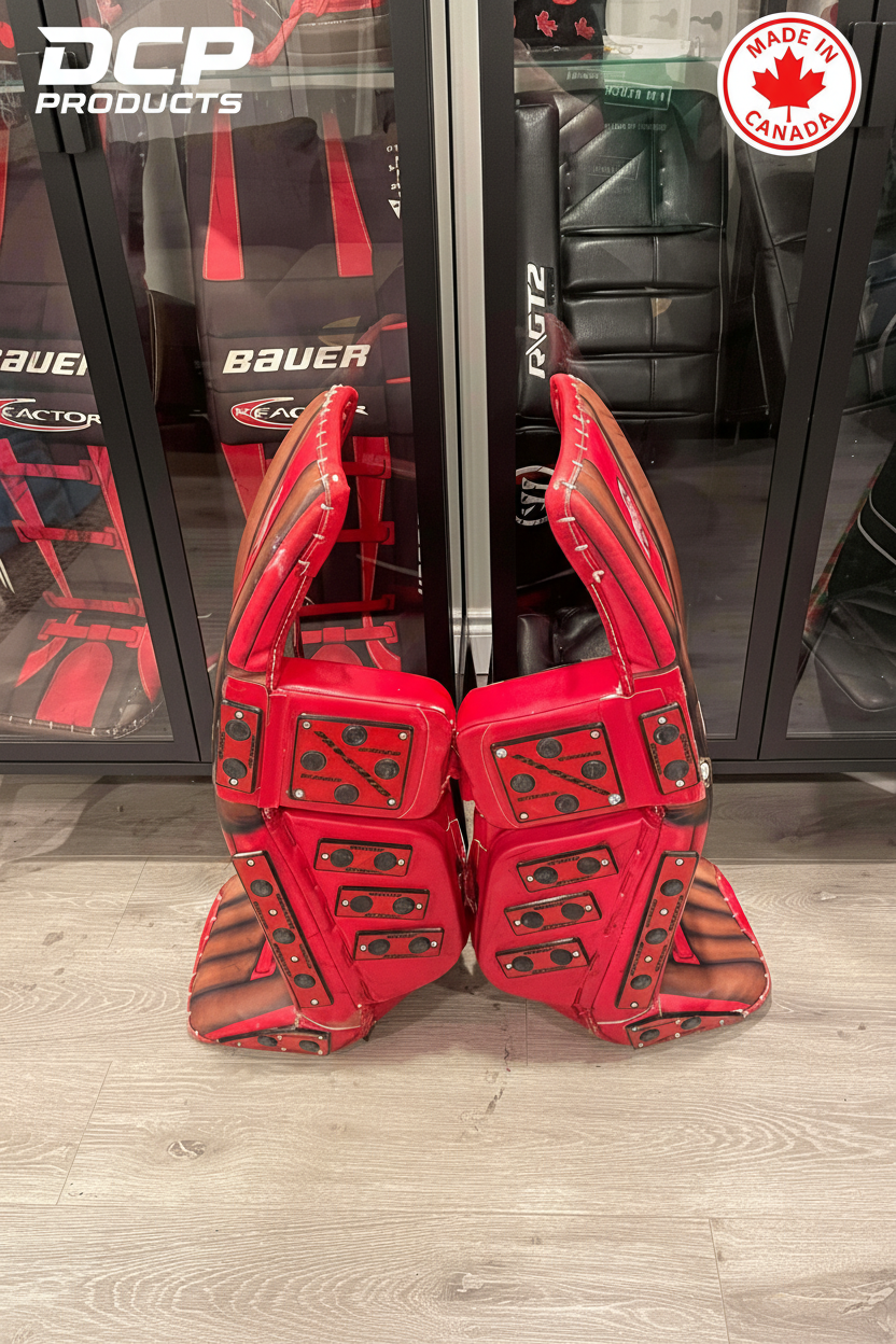 Custom red goalie pads with DCP branding
