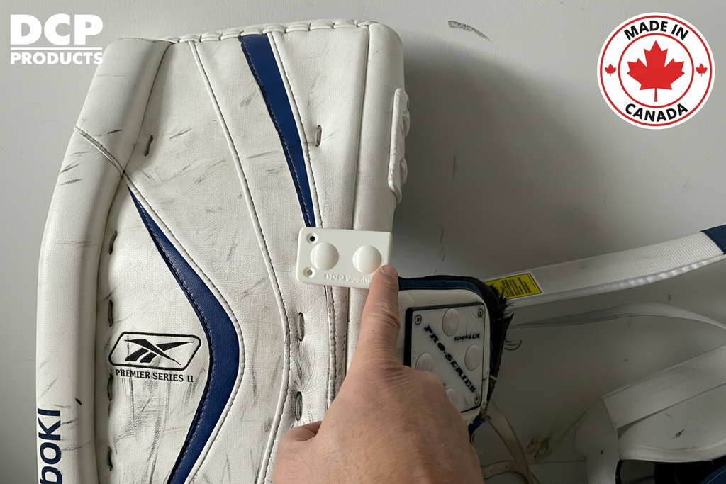 Goalie pad slider with DCP Products branding