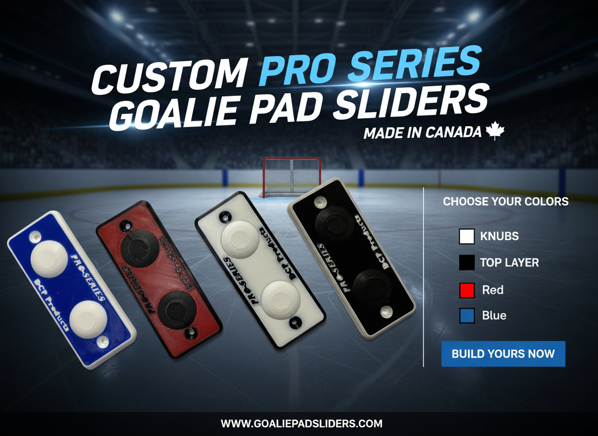 Custom pro series goalie pad sliders with color options on a hockey rink background